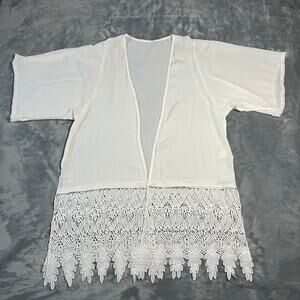Women's Open Front Lace Trim Kimono Size M Flowy Boho Festival Lagenlook Casual